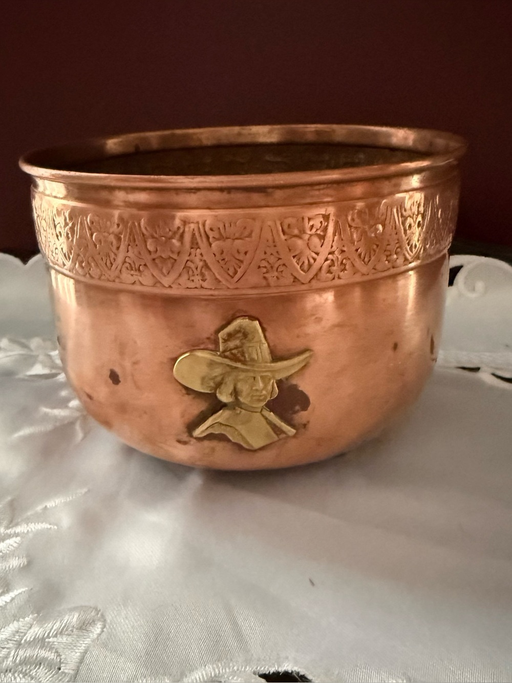 Vintage Copper Planter with Embossed Rim and Brass Pilgrim Accent